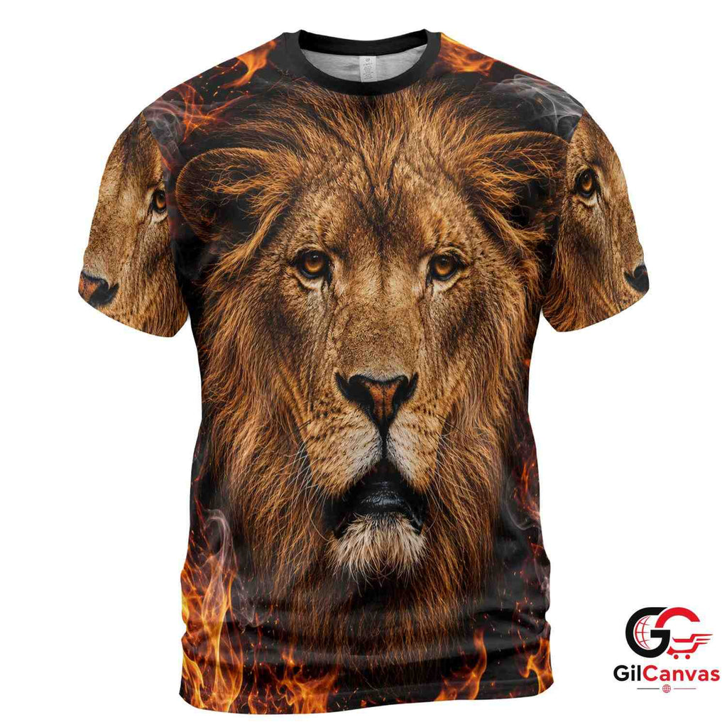 Roaring Lion Fire 3D T-Shirt, Wild Animal Unisex Graphic Tee For Halloween Fun