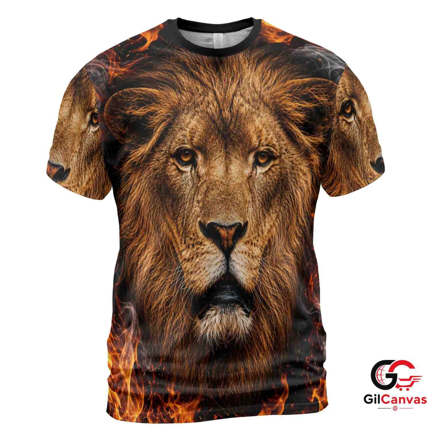 Roaring Lion Fire 3D T-Shirt, Wild Animal Unisex Graphic Tee For Halloween Fun