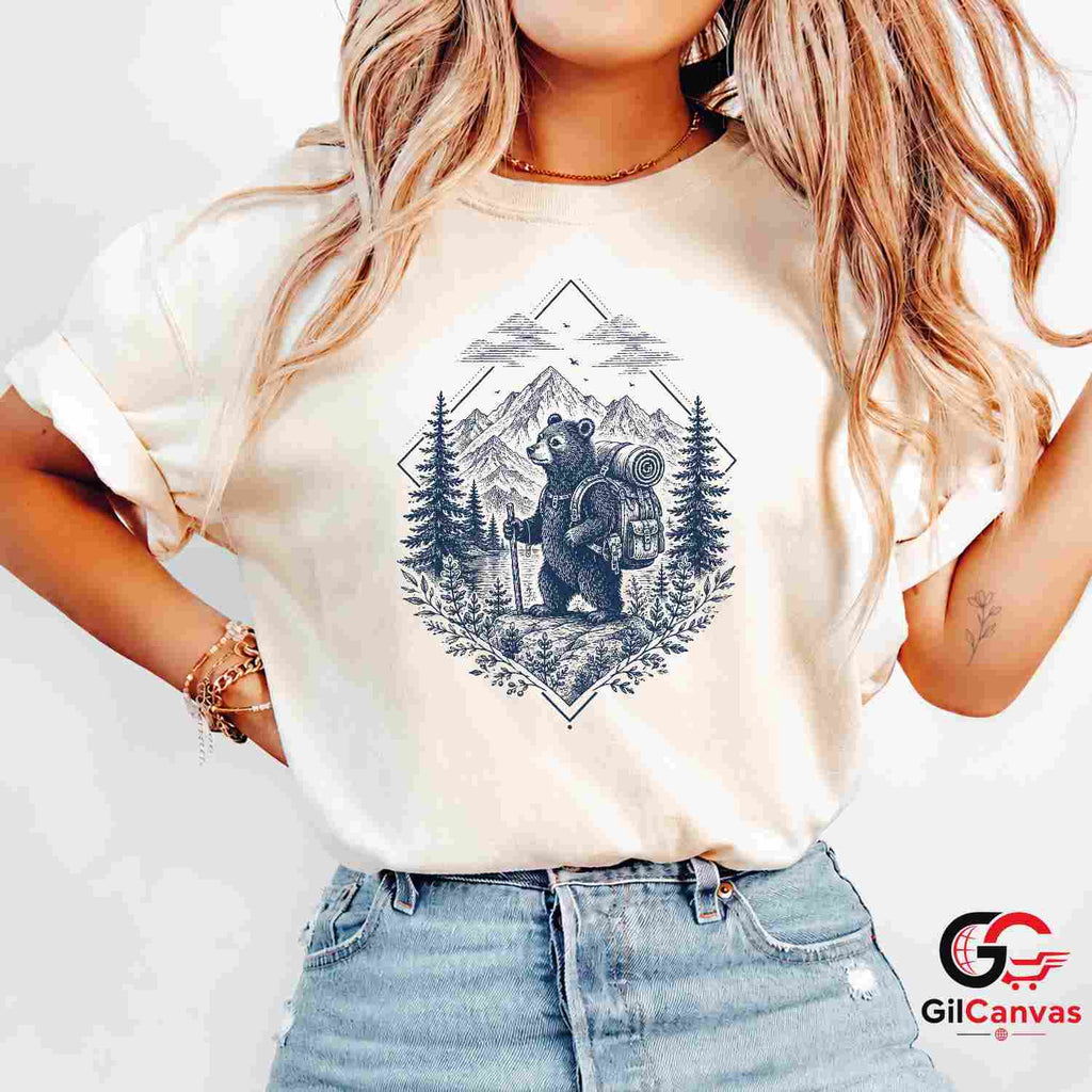 Rustic Bear Hiking Adventure T-Shirt Mountain Forest Art Unisex Graphic Apparel