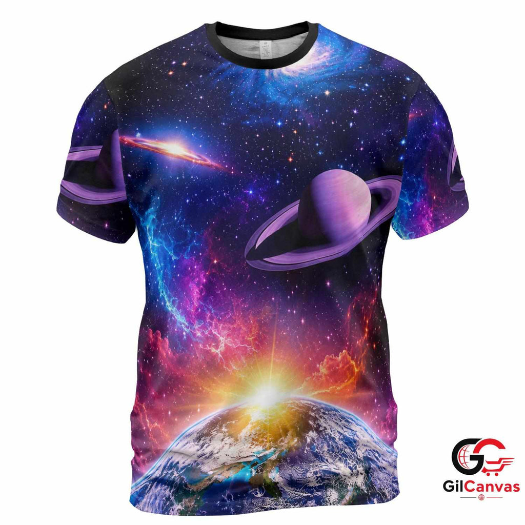Saturn Cosmic Space 3D T-Shirt, Beautiful Unisex Galaxy Graphic Tee Astronomy