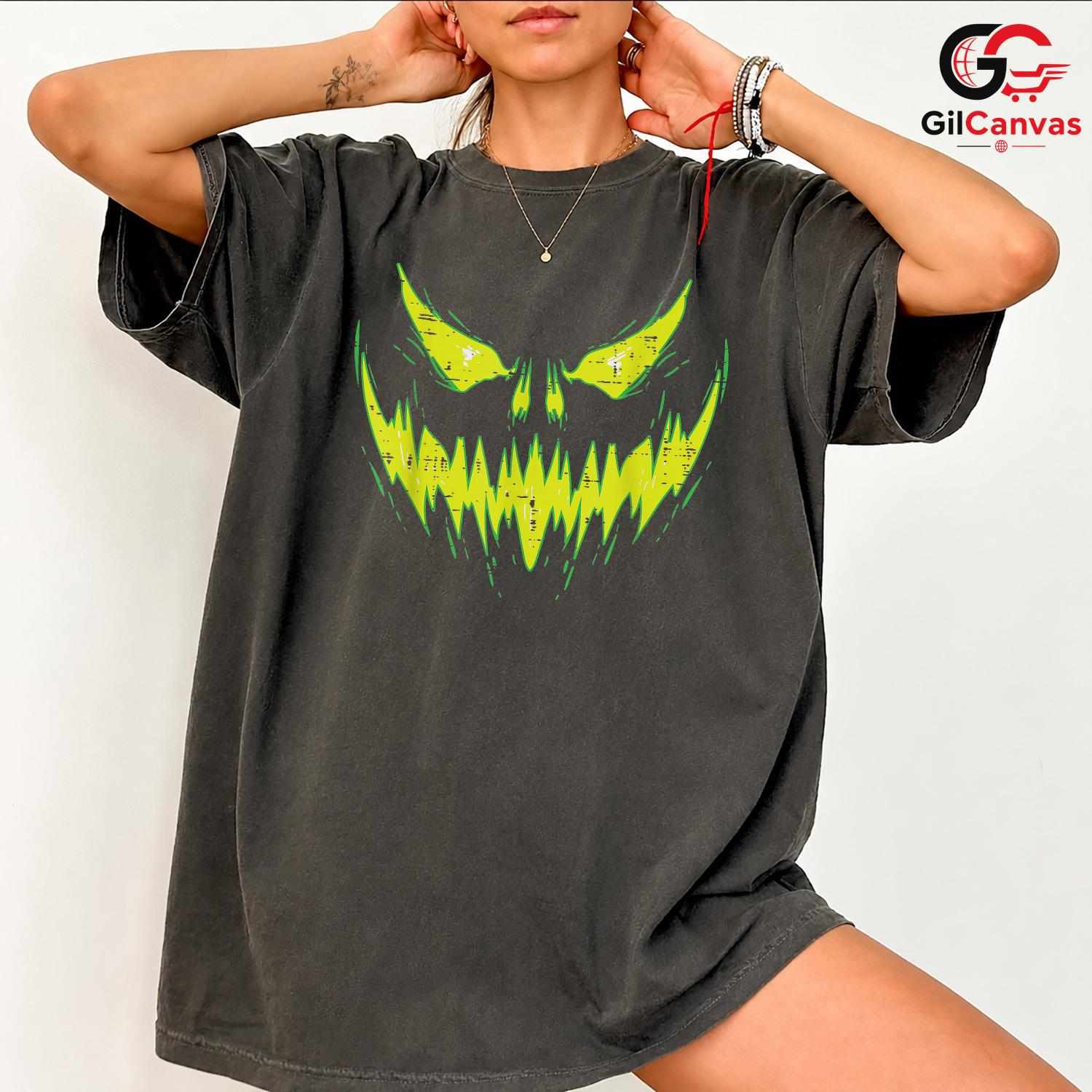 Scary Jack O Lantern Face Tee Shirt Unisex Spooky Trick Or Treat Party Costume