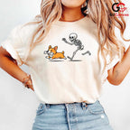 Skeleton Chasing Corgi Dog T-Shirt Unisex Funny Spooky Pet Owner Bone Gift