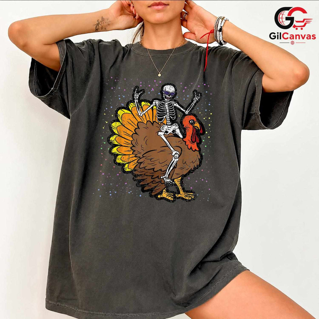 Skeleton Riding Turkey T-Shirt Unisex Funny Thanksgiving Holiday Gift Adult