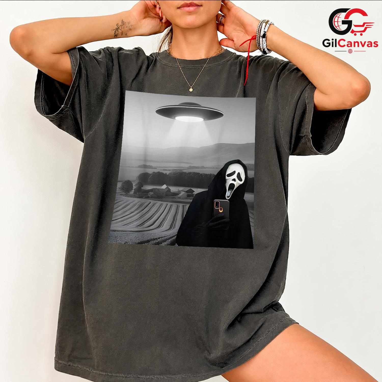 Slasher Movie Mask Alien Tee Shirt Unisex Funny Spooky Horror Abduction Gift