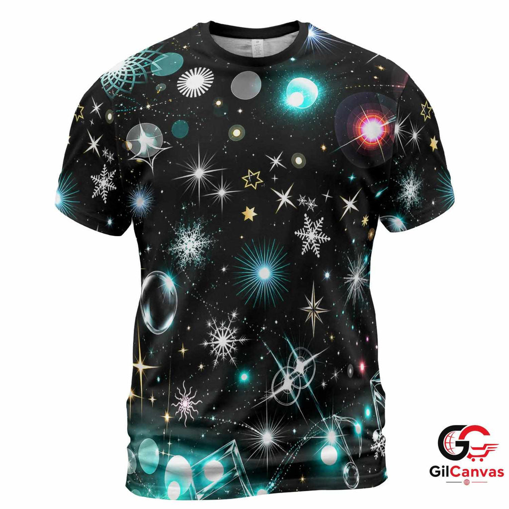 Sparkling Stars 3D T-Shirt, Festive Unisex Christmas Graphic Tee With Music Art