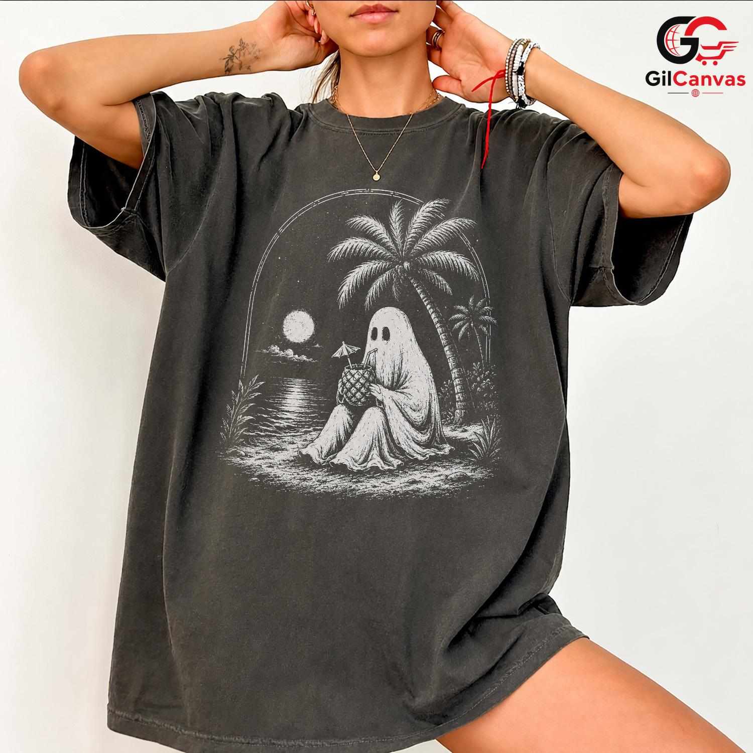 Spooky Beach Vacation Ghost T-Shirt Tropical Halloween Unisex Graphic Apparel Tee