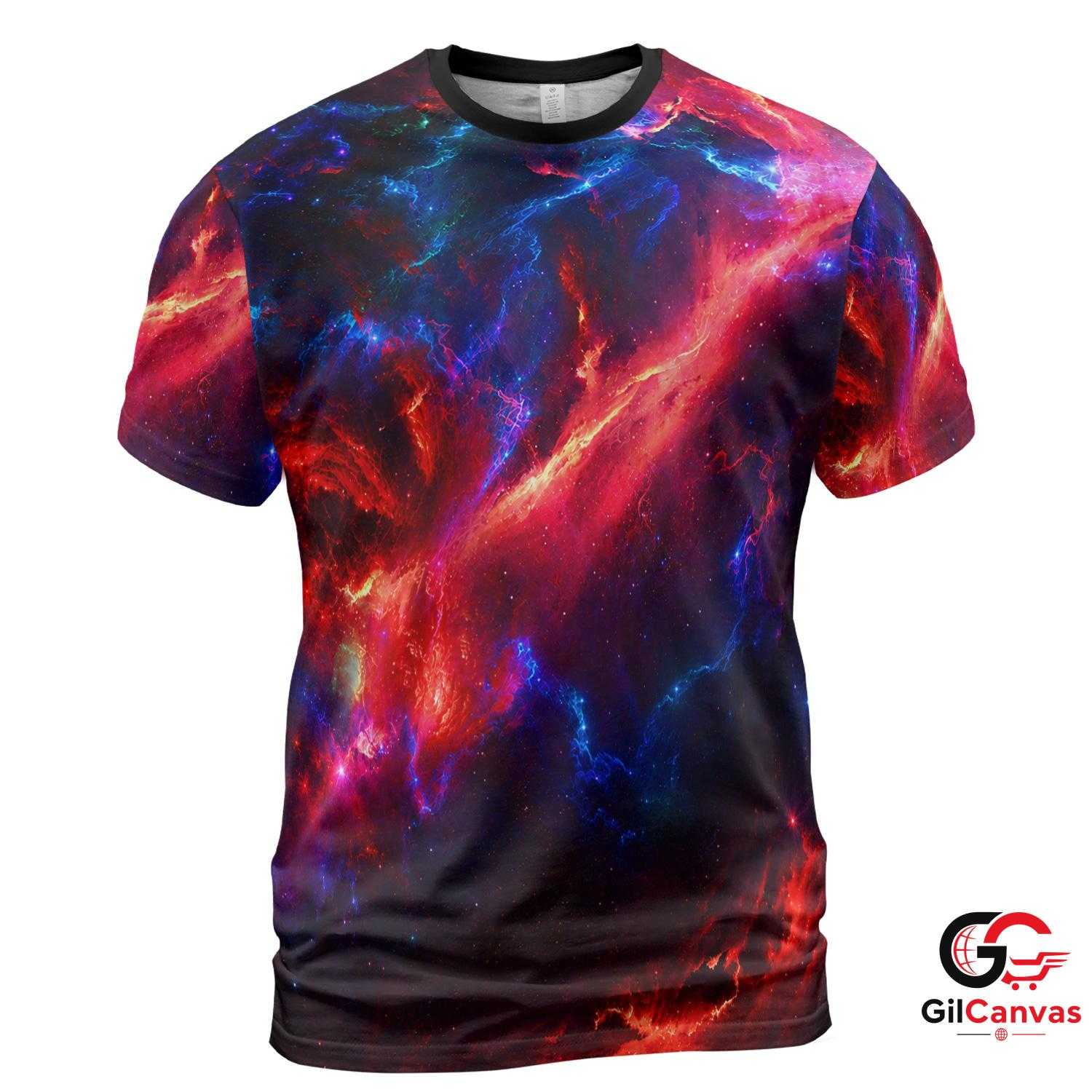 Starry Cosmic Nebula 3D T-Shirt, Vibrant Unisex Galactic Graphic Tee Casual Outfits