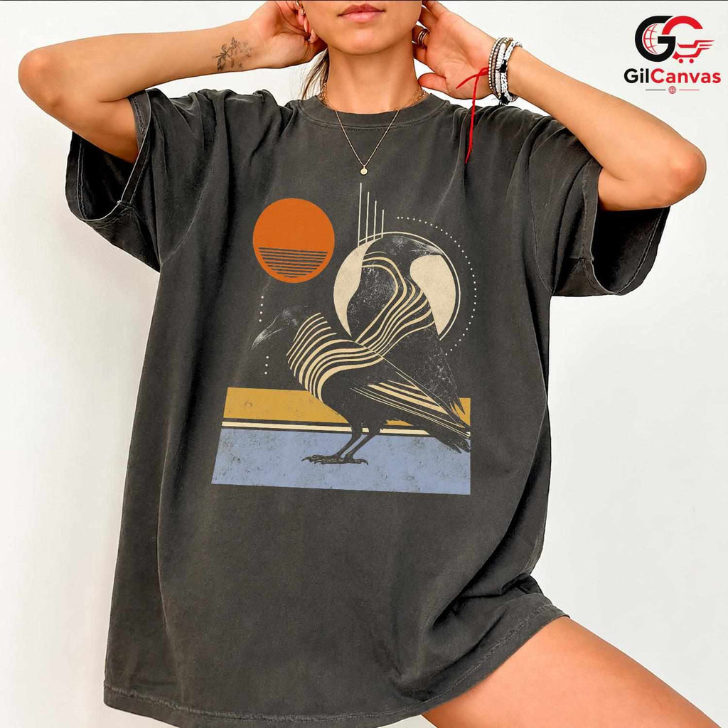 Stylish Spooky Raven T-Shirt Halloween Bird Graphic Unisex Casual Apparel Tee
