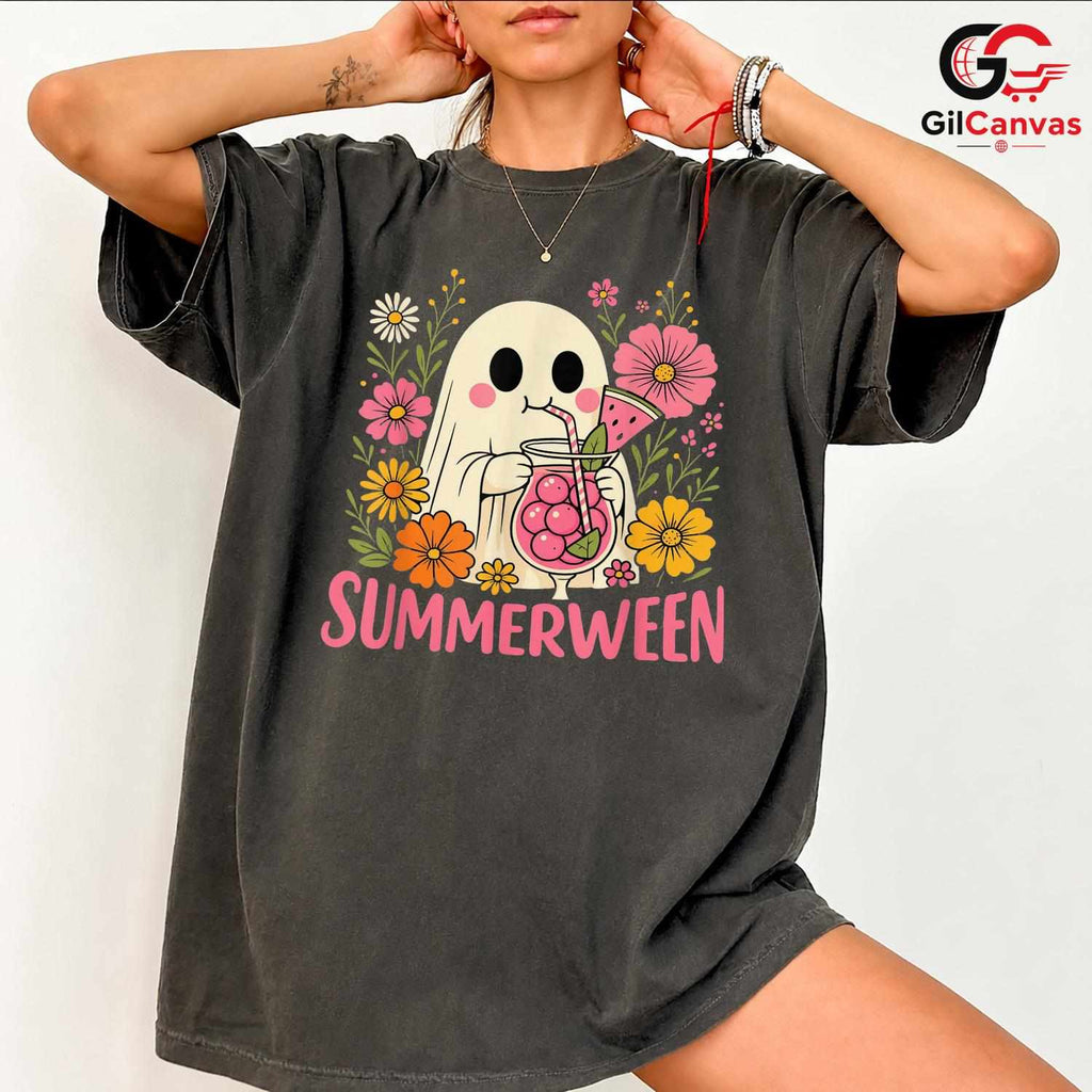 Summerween Floral Ghost Tee Shirt Unisex Funny Spooky Summer Gift For Women