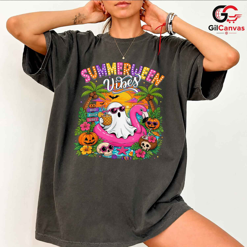 Summerween Vibes Ghost Tee Shirt Unisex Fun Halloween Gift For Kids And Adults