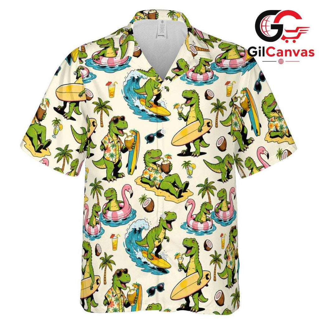 Surfing Dinosaur Hawaiian Shirt, Tropical Aloha Holiday Unisex Vacation Wear