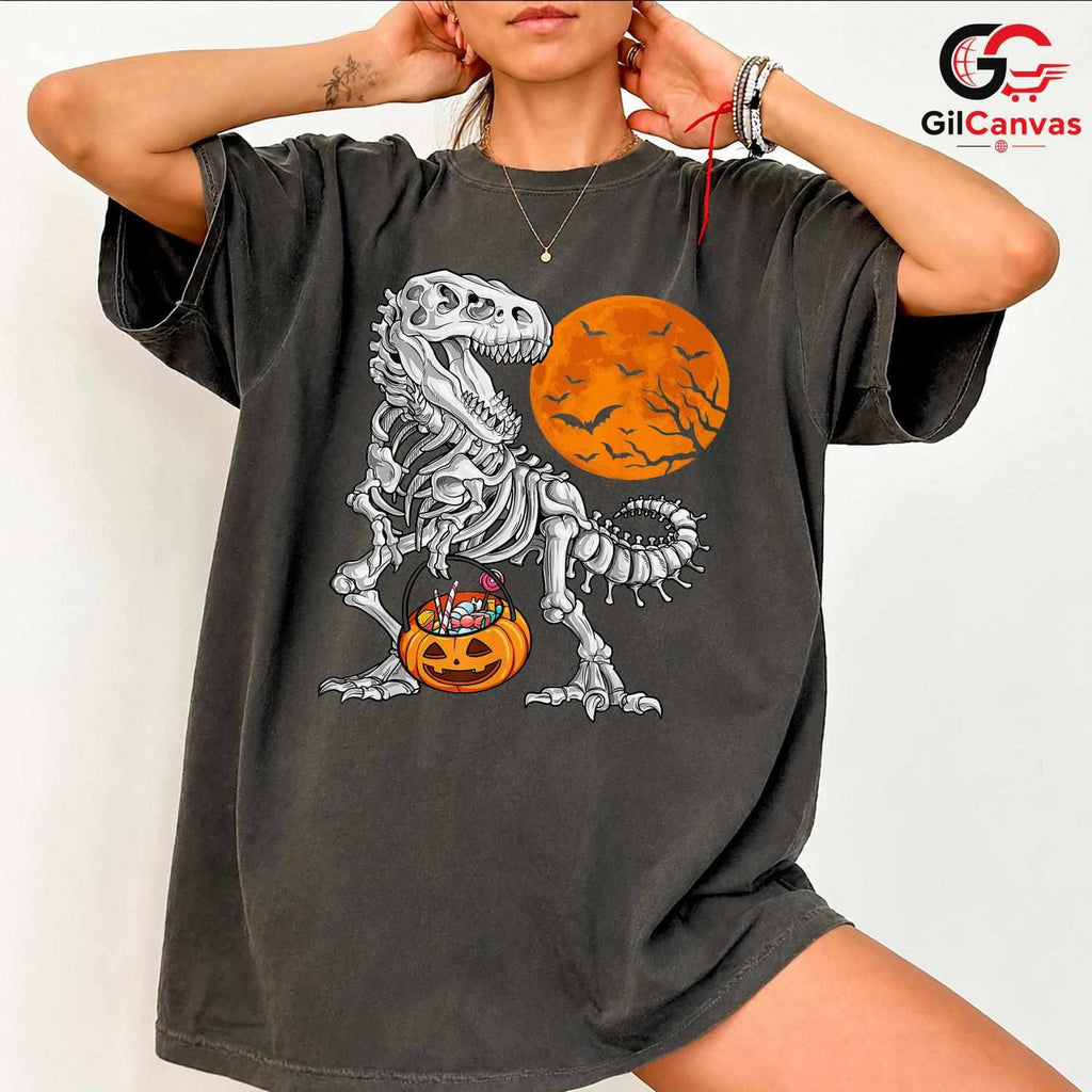 T-Rex Skeleton Pumpkin Tee Shirt Unisex Fun Spooky Halloween Gift Kids Adults
