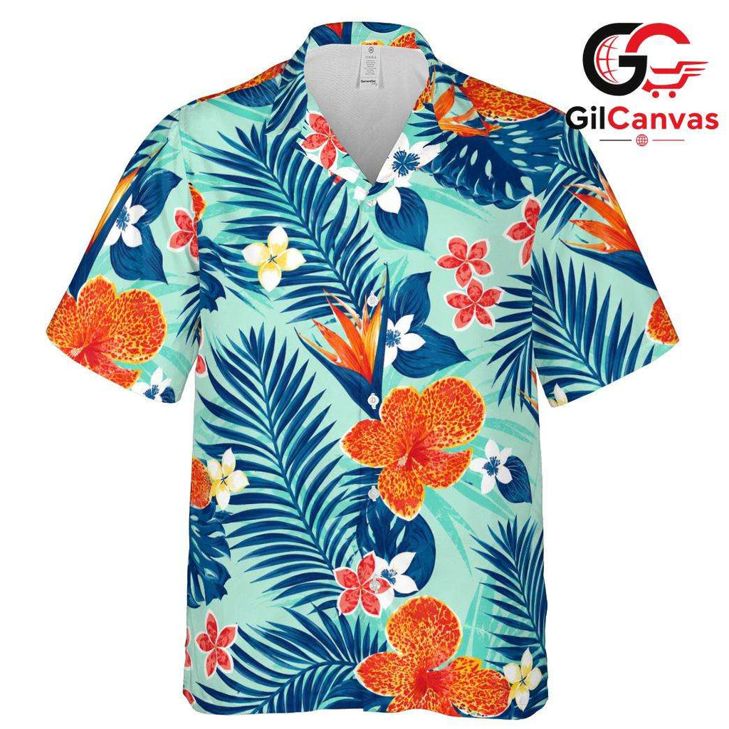 Teal Hibiscus Palm Print Tee, Mens Aloha Resort Wear Summer Beach Vacation
