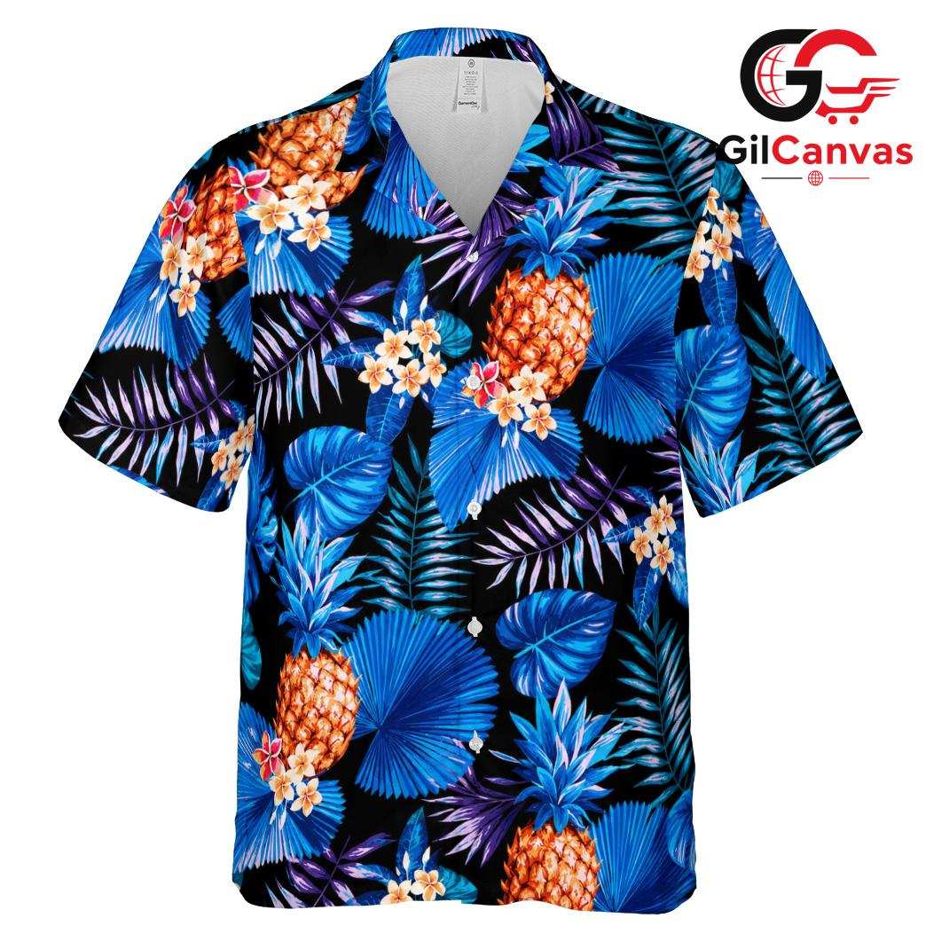 Vibrant Blue Pineapple Shirt Men, Cool Resort Party Wear For Beach Vacations