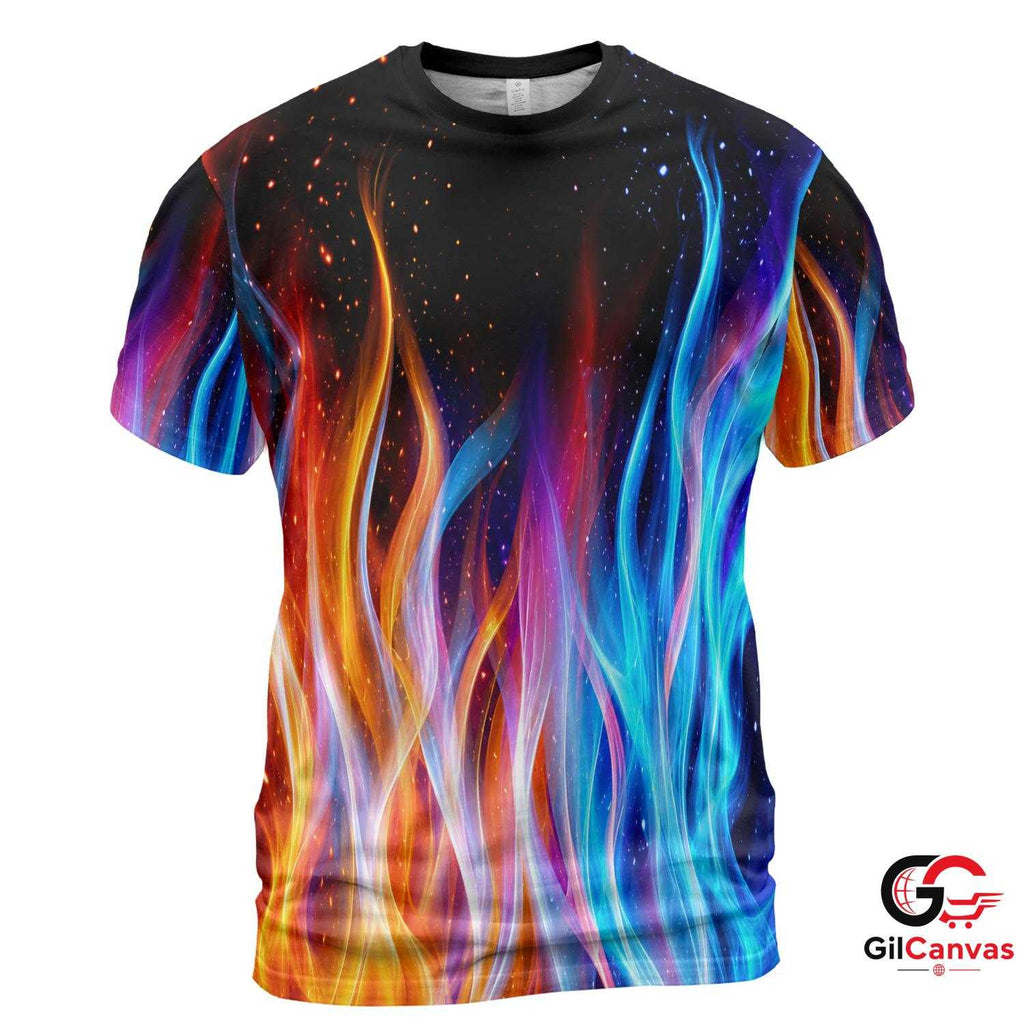 Vibrant Flames 3D T-Shirt, Colorful Unisex Fire Tee Gift For Fun Summer Events