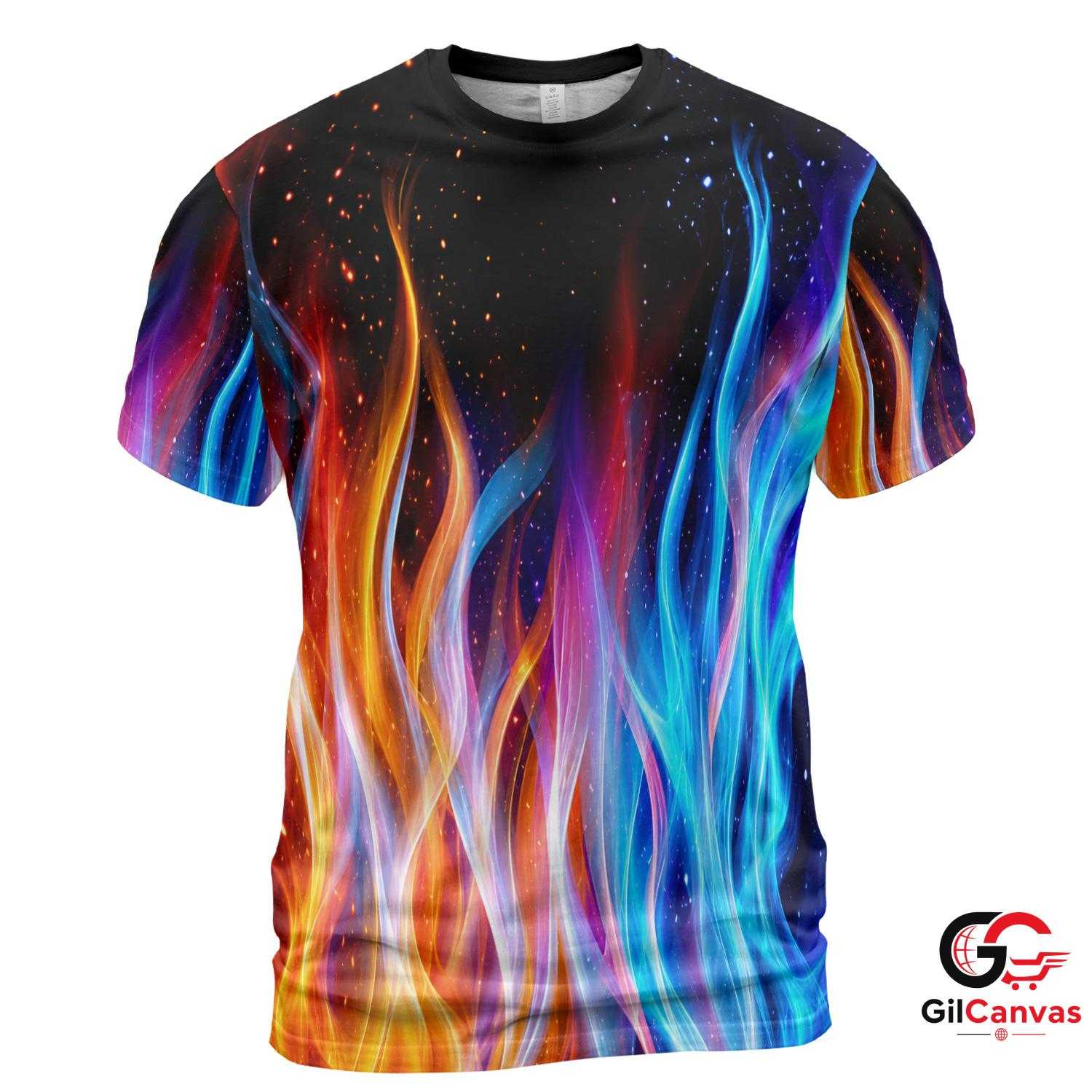 Vibrant Flames 3D T-Shirt, Colorful Unisex Fire Tee Gift For Fun Summer Events