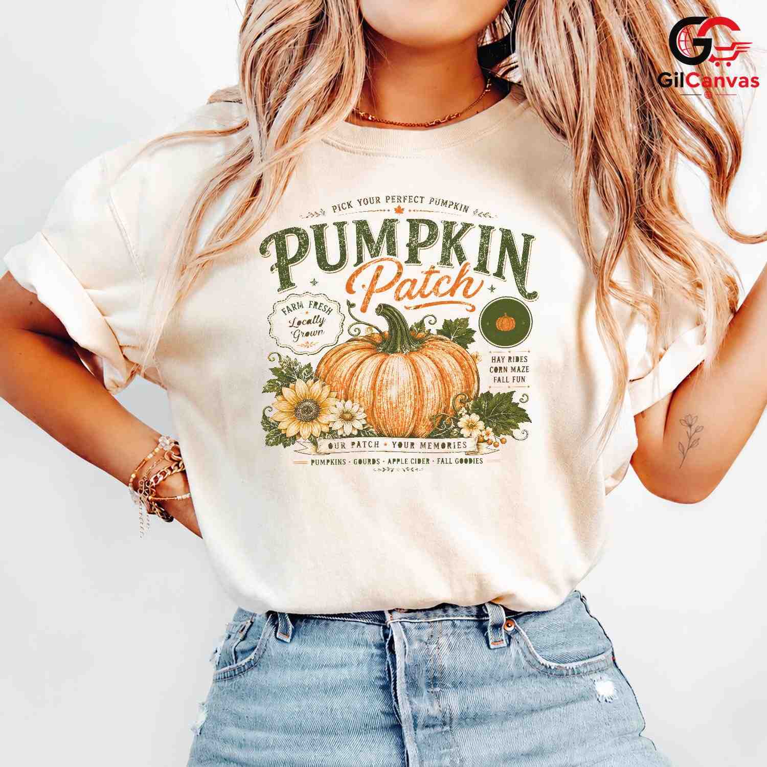 Vintage Autumn Pumpkin Patch T-Shirt Fall Harvest Farm Unisex Graphic Apparel Tee