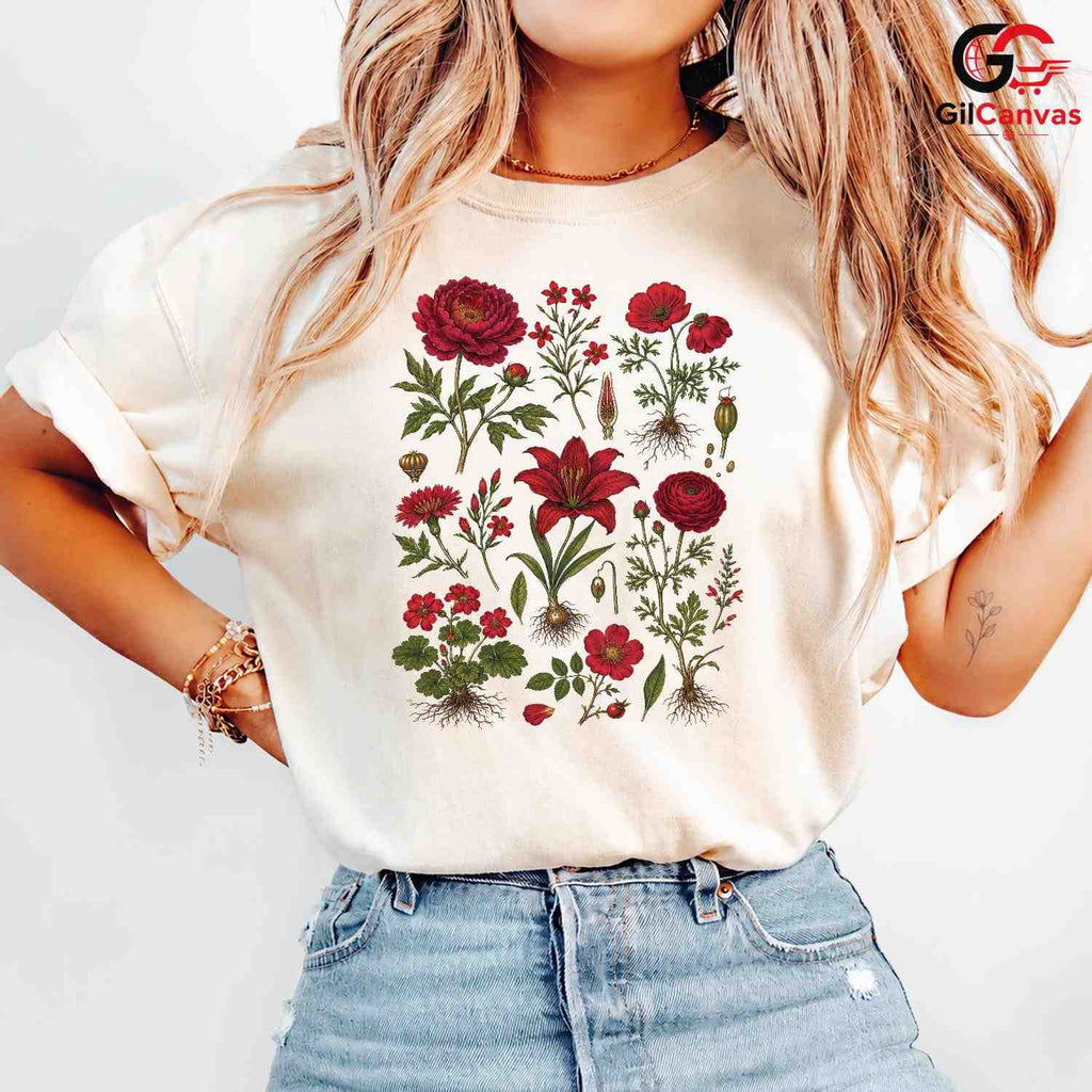 Vintage Red Floral T-Shirt Garden Party Stylish Wear Unisex Casual Apparel