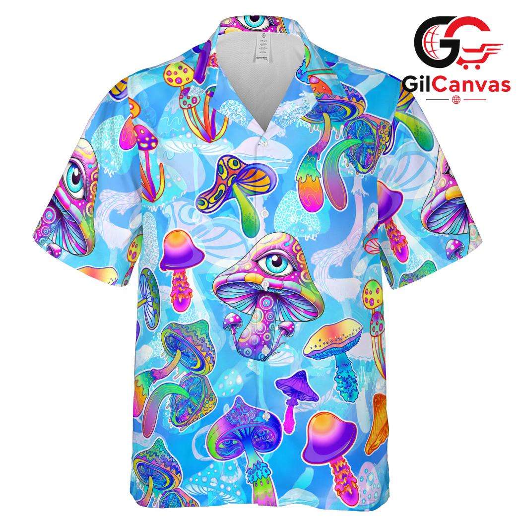 Vivid Trippy Mushroom Shirt, Unisex Fungi Festival Aloha Beach Wear Apparel