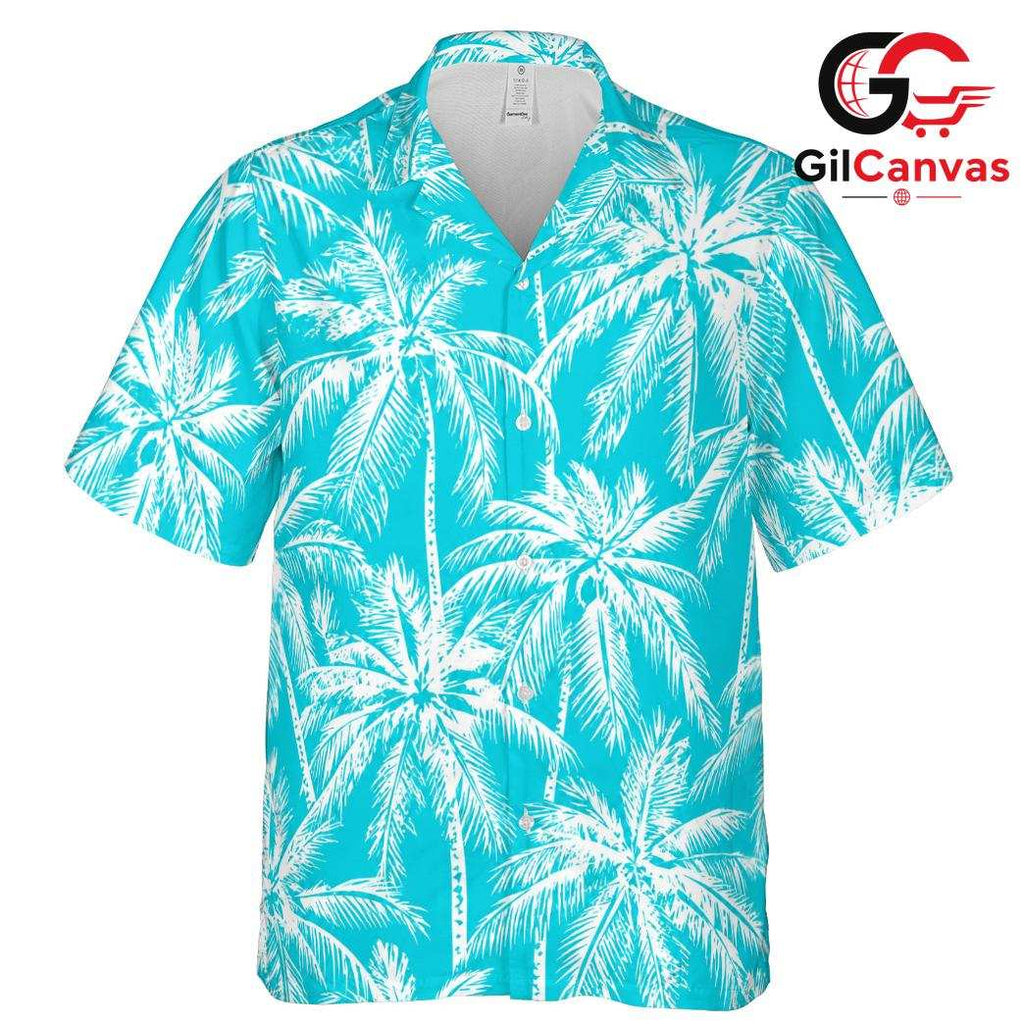White Palm Print Teal Shirt, Unisex Island Style Resort Wear Summer Vacation