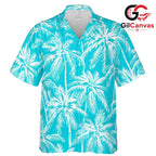 White Palm Print Teal Shirt, Unisex Island Style Resort Wear Summer Vacation