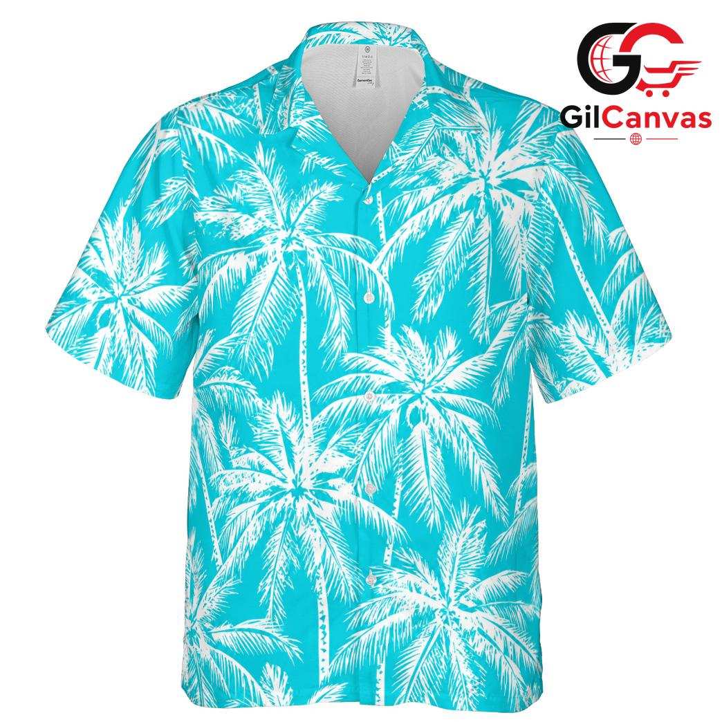 White Palm Print Teal Shirt, Unisex Island Style Resort Wear Summer Vacation