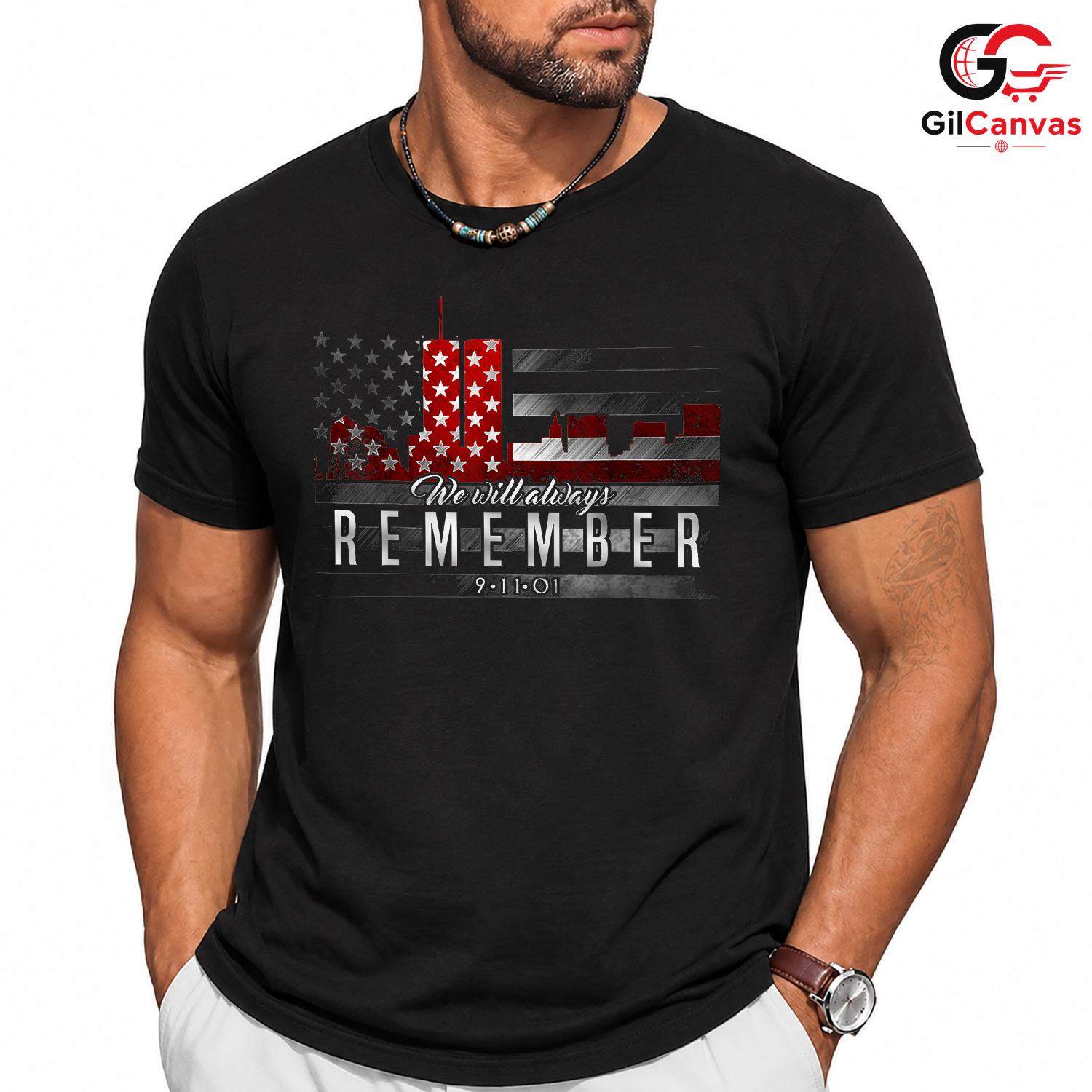 9-11 Memorial Remember Tee Shirt Unisex Patriotic Adult Gift For September Event