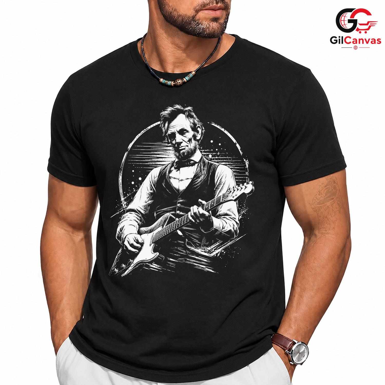 Abraham Lincoln Guitar T-Shirt Vintage Rock Band Music Unisex Graphic Tee