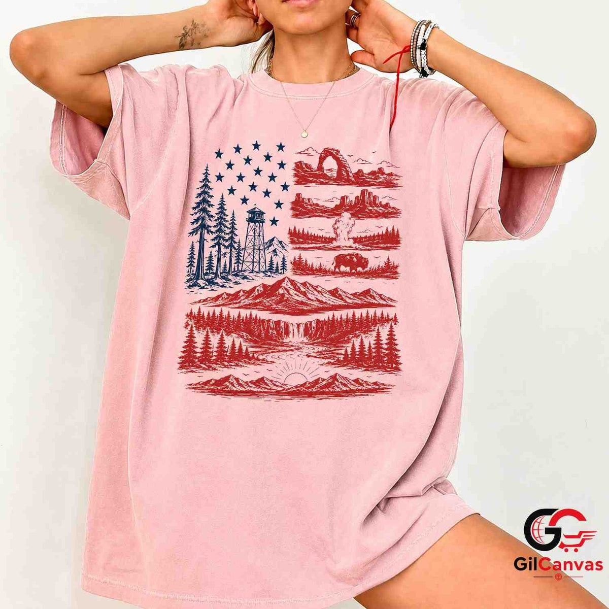 American Flag Nature Park T-Shirt Patriotic Wilderness Unisex Graphic Apparel Tee