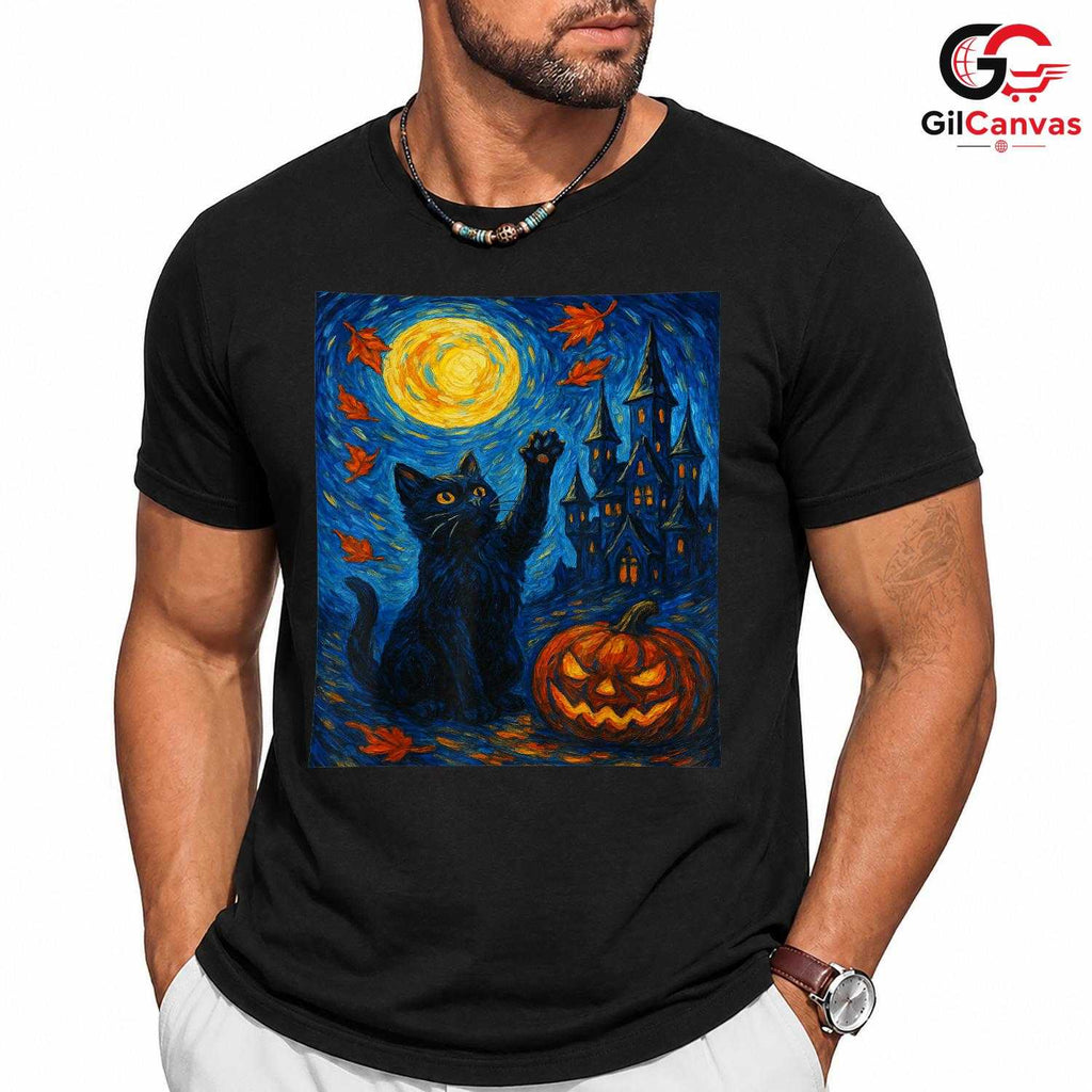 Artistic Starry Haunted Cat T-Shirt Unisex Spooky Full Moon Gift For Kids