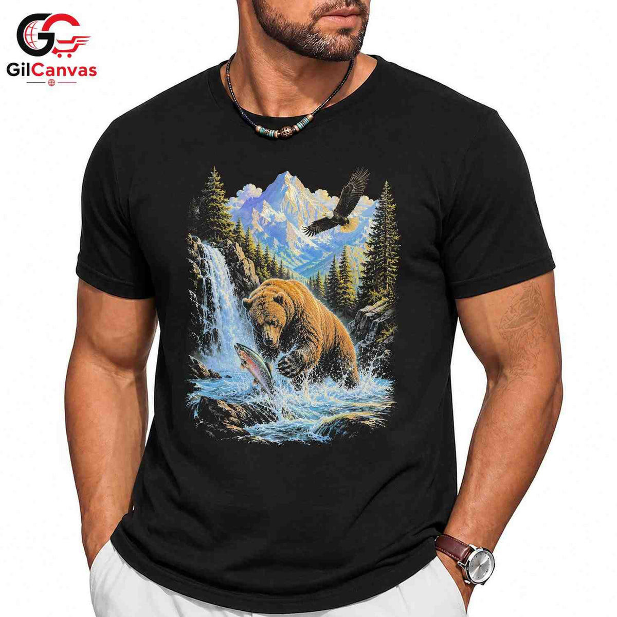 Bear Fishing Wildlife T-Shirt Nature Lover Outdoor Adventure Unisex Apparel