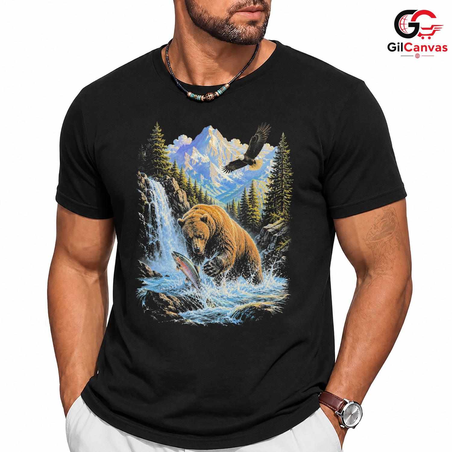 Bear Fishing Wildlife T-Shirt Nature Lover Outdoor Adventure Unisex Apparel