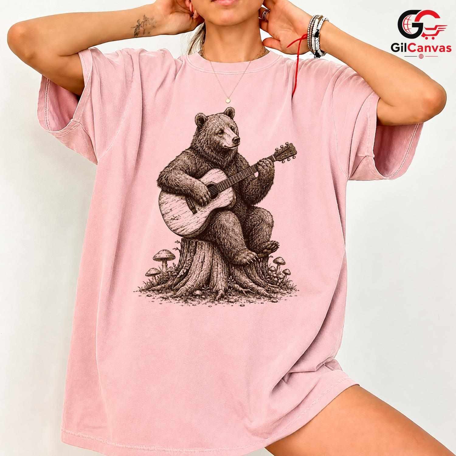 Bear Playing Guitar T-Shirt Forest Animal Acoustic Music Unisex Nature Gift Tee