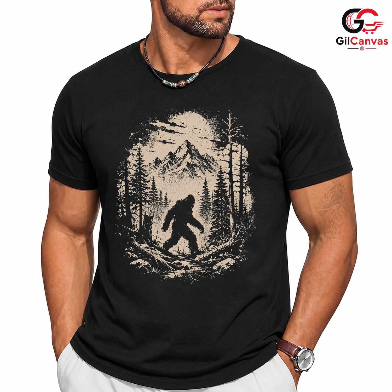 Bigfoot Forest Moon T-Shirt Wilderness Halloween Unisex Mountain Graphic Tee