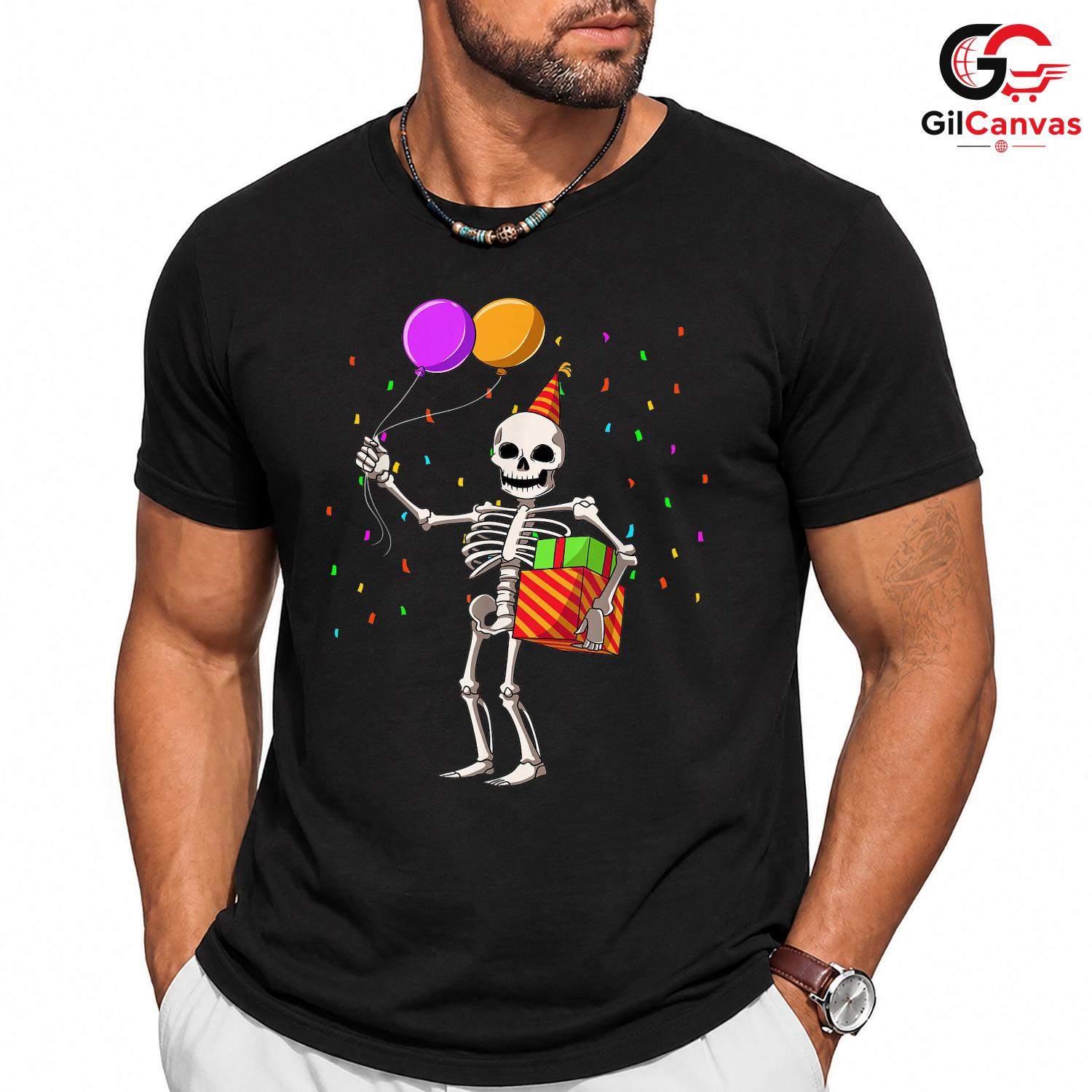 Birthday Skeleton Party Tee Shirt Unisex Funny Spooky Celebration Humorous Gift