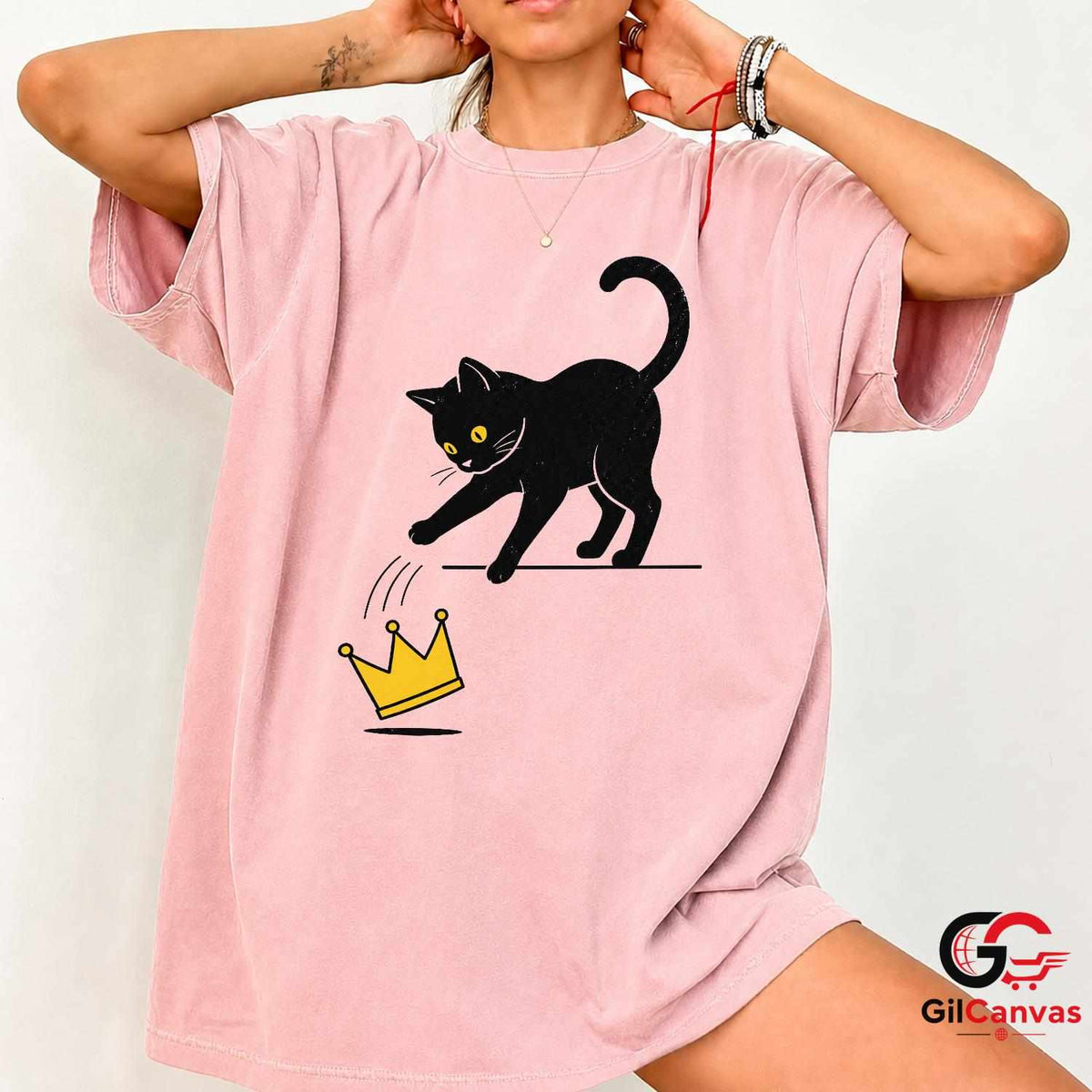 Black Cat Crown Graphic T-Shirt Cute Feline Lover Fun Unisex Casual Apparel