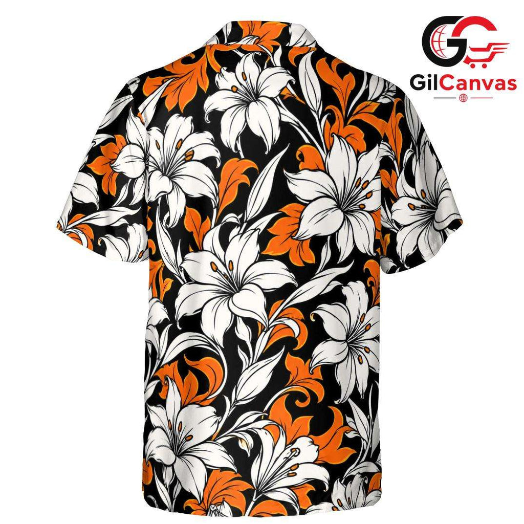 Black Orange Lily Tropical Shirt, Unisex Beach Vacation Wear Summer Holiday