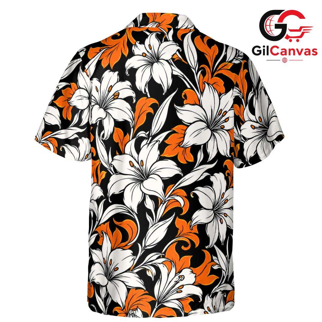 Black Orange Lily Tropical Shirt, Unisex Beach Vacation Wear Summer Holiday