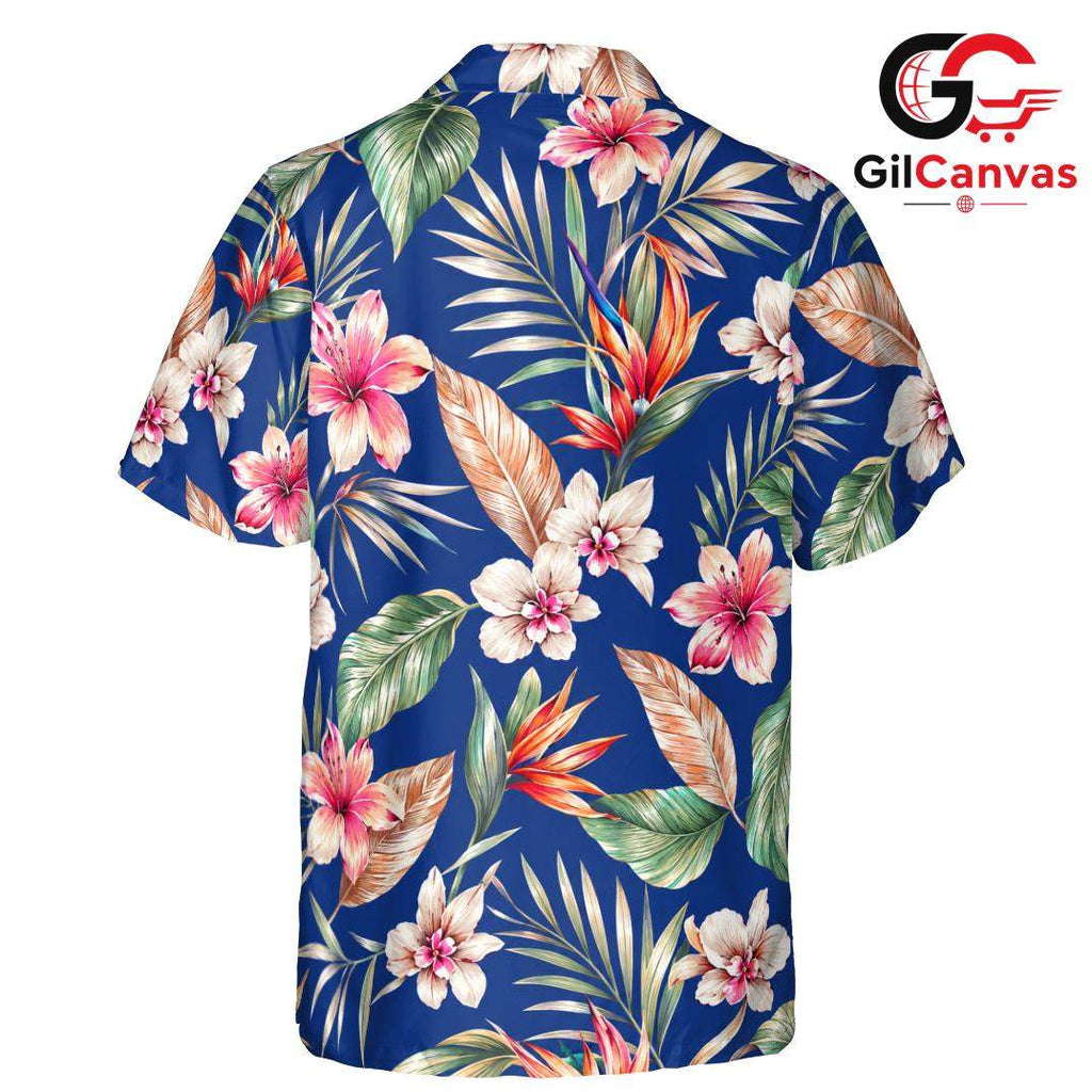 Blue Floral Palm Leaf Aloha Shirt, Casual Unisex Wear For Summer Vacations