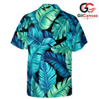 Blue Green Palm Leaf Aloha Shirt, Premium Mens Beach Resort Wear Summer Vacation