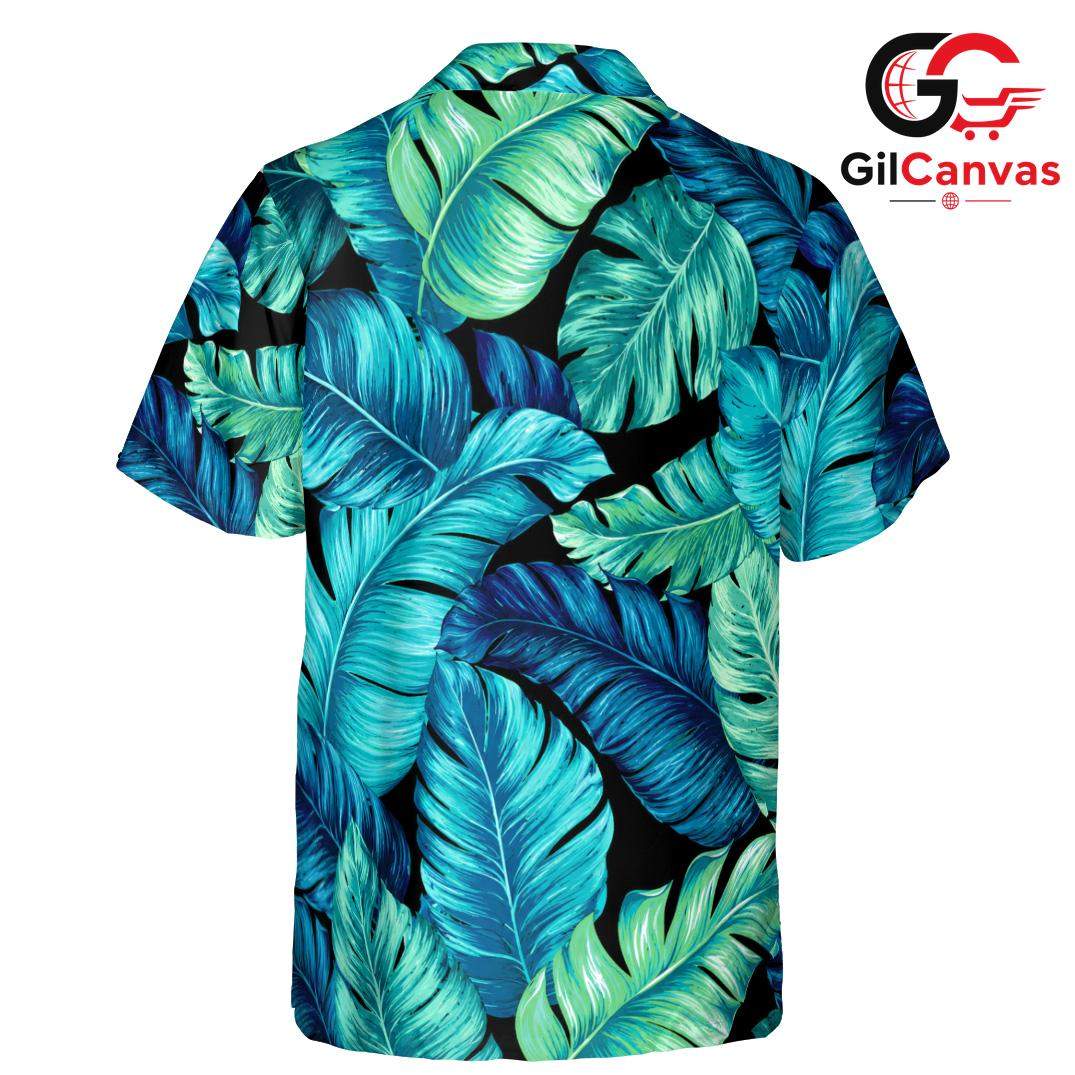 Blue Green Palm Leaf Aloha Shirt, Premium Mens Beach Resort Wear Summer Vacation