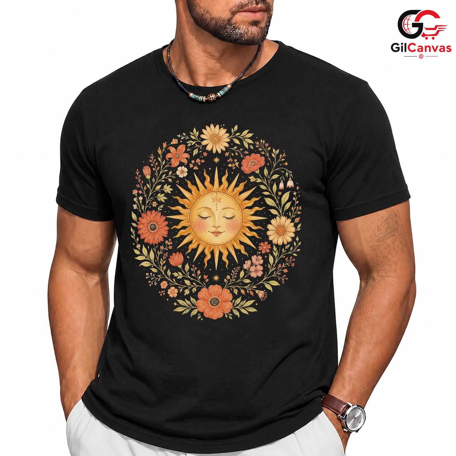Boho Floral Sun Face T-Shirt Sleeping Summer Solstice Unisex Celestial Nature Tee