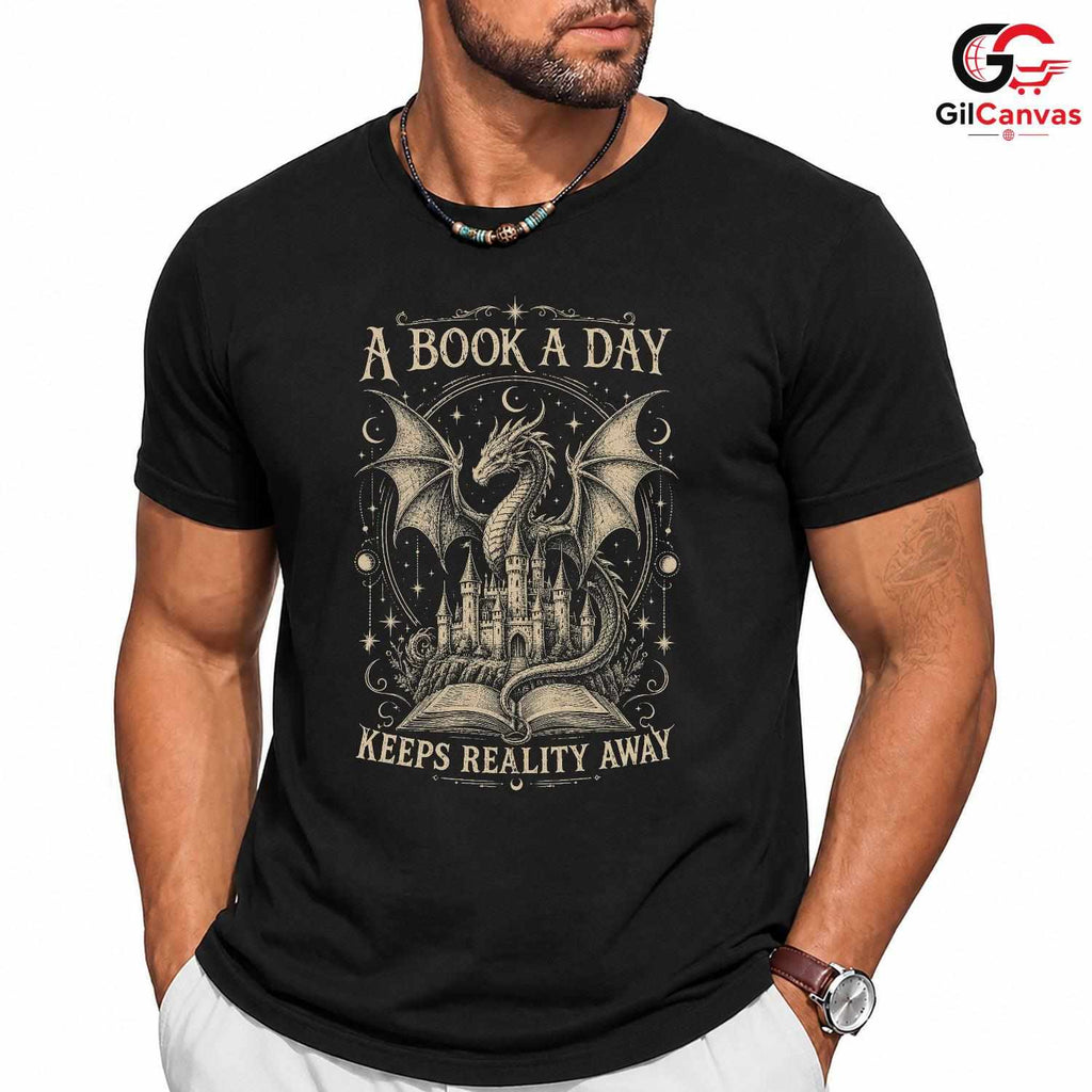 Book A Day Dragon T-Shirt Fantasy Themed Lover Graphic Novelty Unisex Apparel