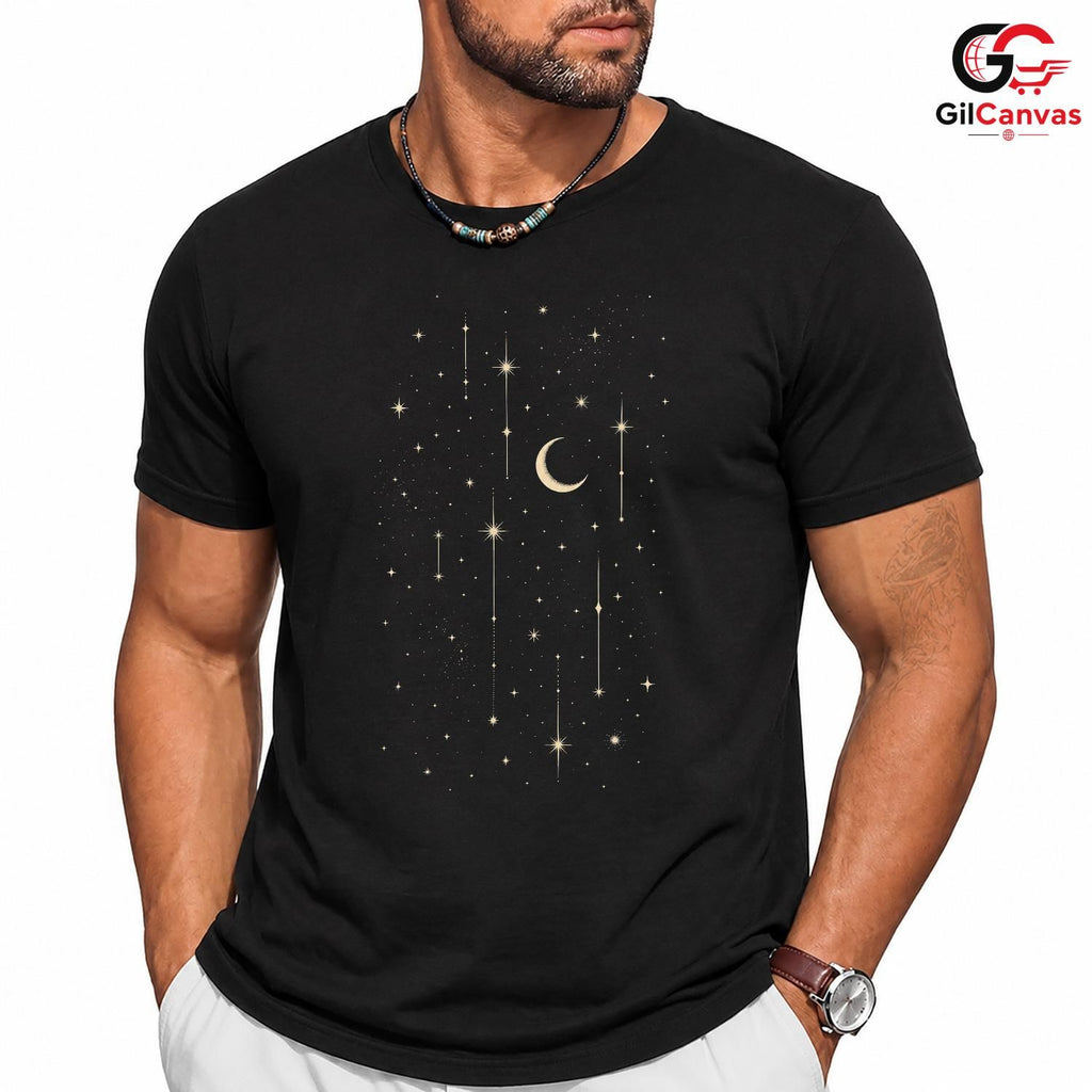 Celestial Night Sky T-Shirt Crescent Moon Stars Unisex Mystical Galaxy Gift Tee