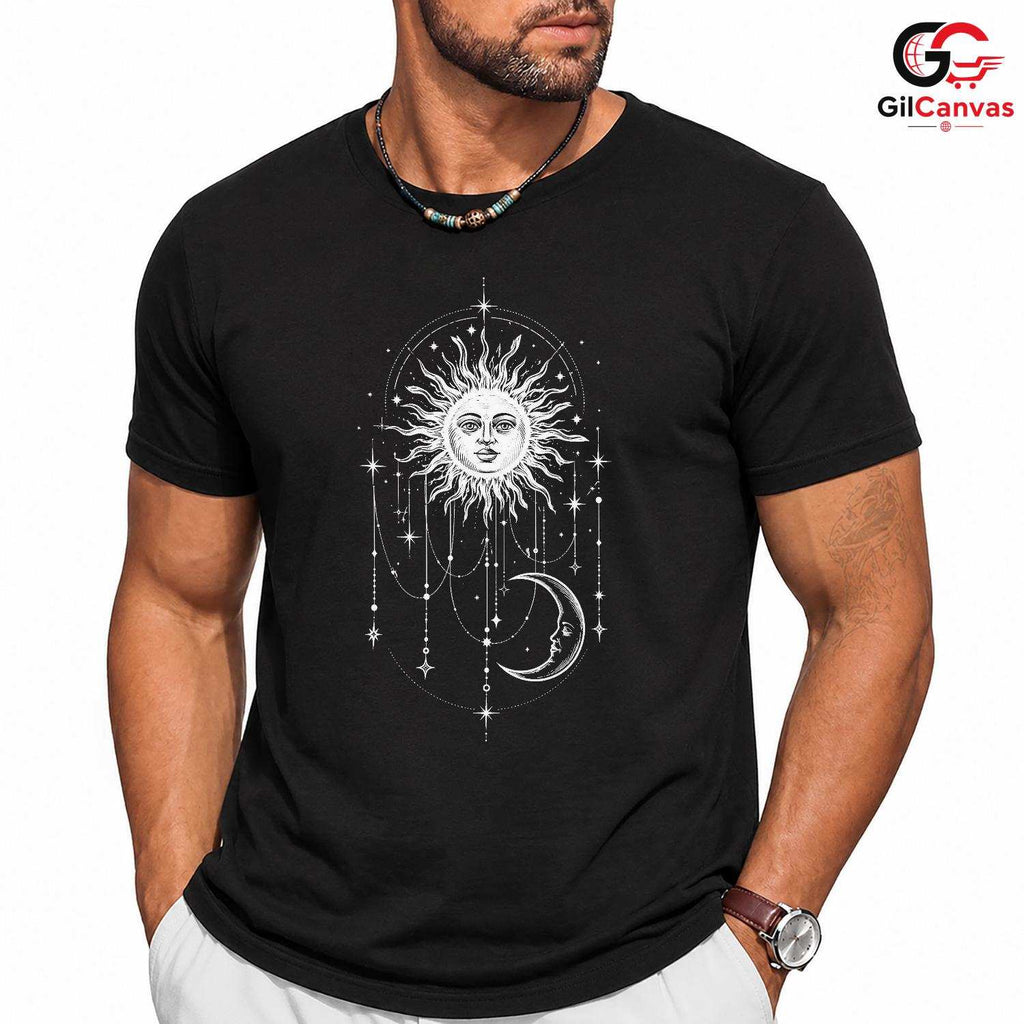 Celestial Sun Moon Stars T-Shirt Bohemian Witchy Art Unisex Graphic Apparel Tee
