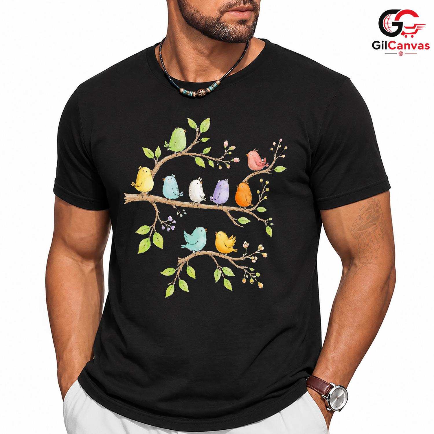 Colorful Bird Floral Tee Shirt Spring Event Cute Nature Unisex Graphic Tee