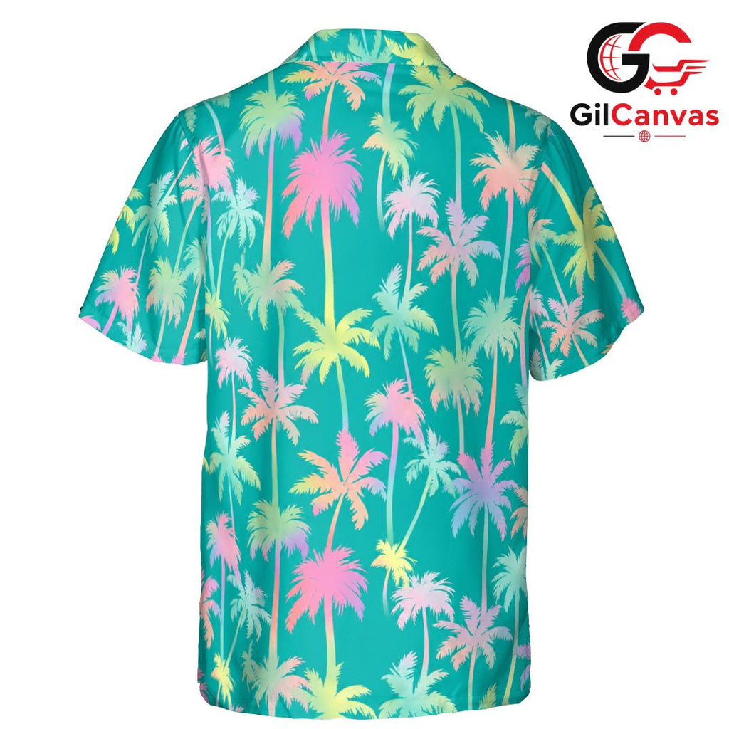 Colorful Palm Tree Shirt Men, Tropical Style Beach Wear Summer Vacations