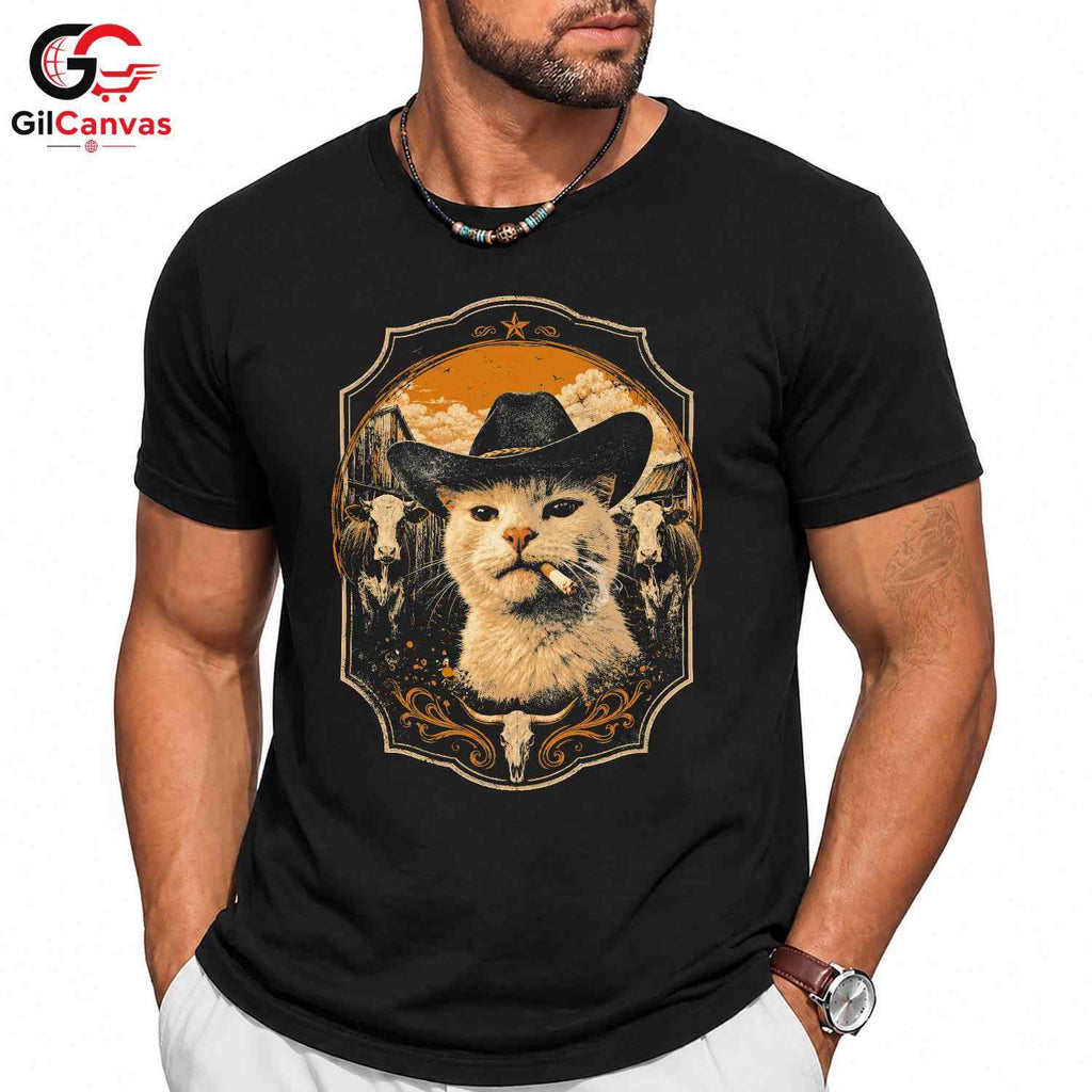 Country Funny Cat T-Shirt Unisex Animal Lover Theme Feline Graphic Casual Apparel