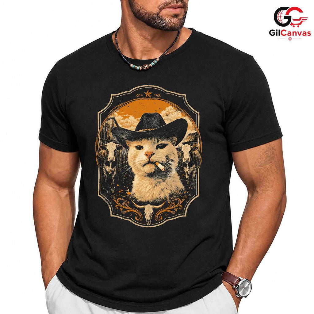Country Funny Cat T-Shirt Unisex Animal Lover Theme Feline Graphic Casual Apparel