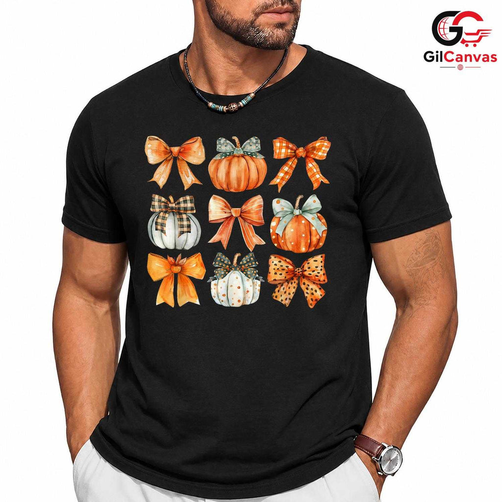 Cute Autumn Pumpkin Bow Fall T-Shirt Unisex Thanksgiving Plaid Harvest Gift
